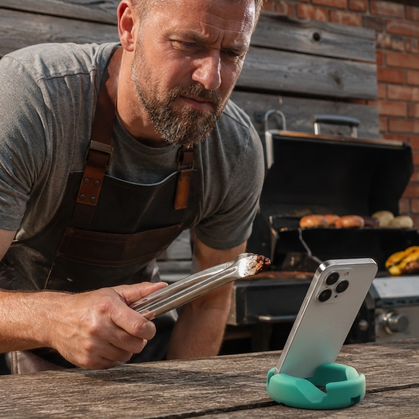 Man grilling outdoors using a smartphone stand on a wooden table.